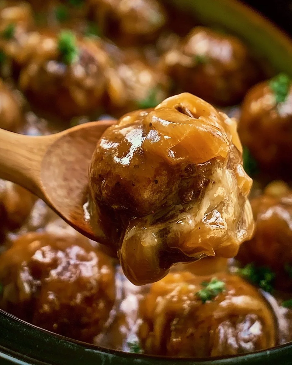 Delicious Crock Pot French Onion Meatballs with melted cheese and onions