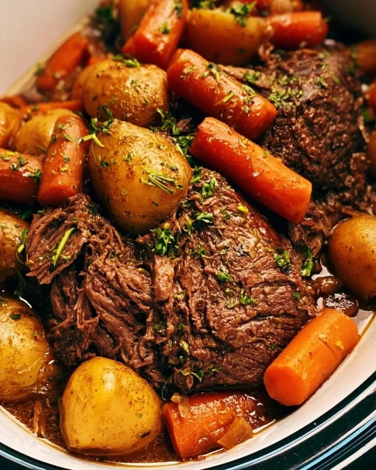 Deliciously cooked Crock Pot pot roast with vegetables served on a plate.