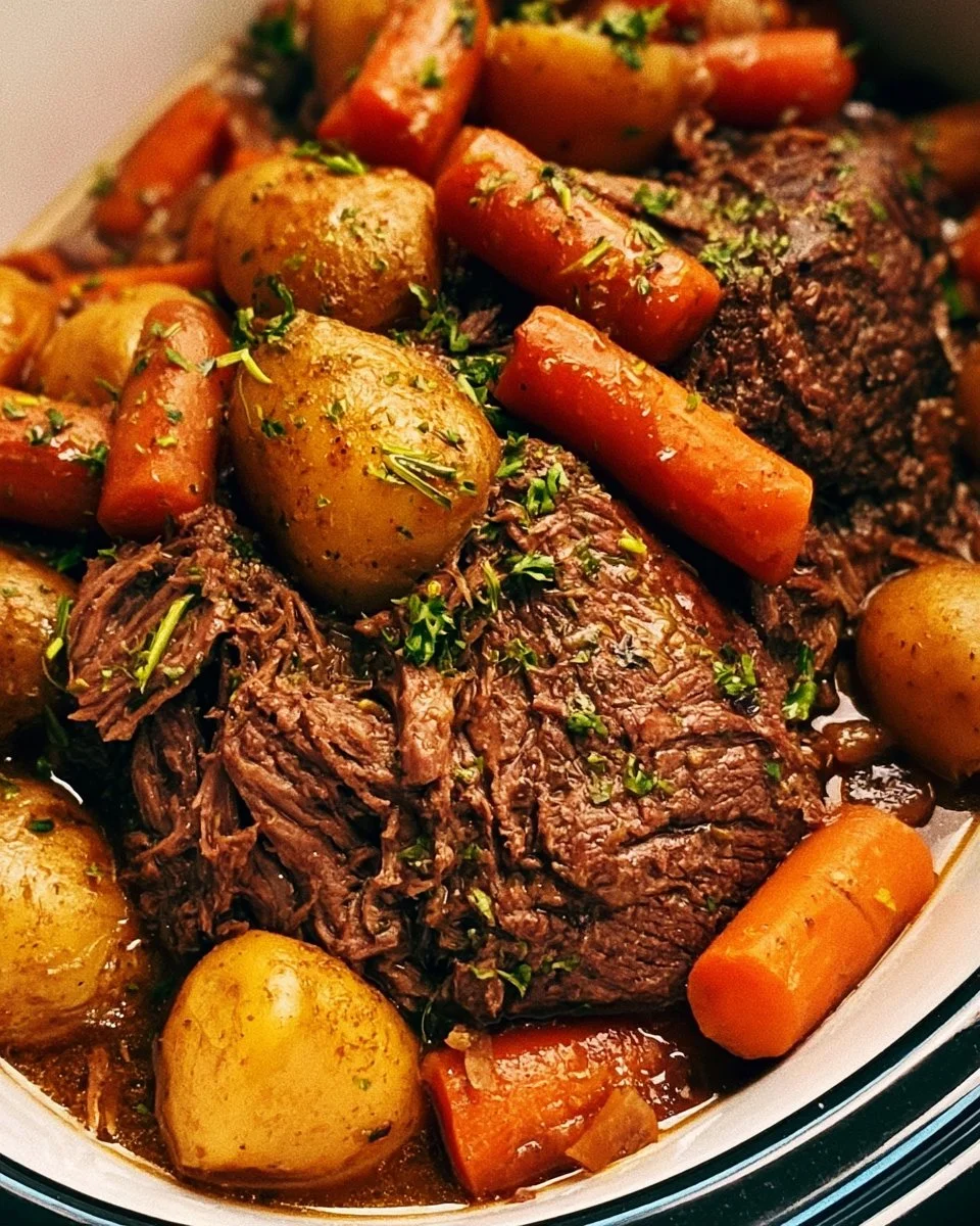 Deliciously cooked Crock Pot pot roast with vegetables served on a plate.