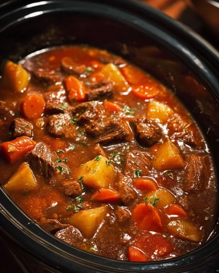 A hearty bowl of crockpot beef stew with carrots and potatoes