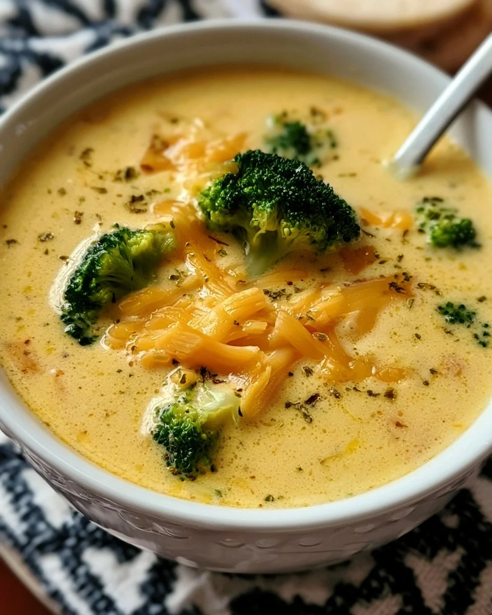 Crockpot Broccoli Cheddar Soup in a bowl garnished with cheese and parsley