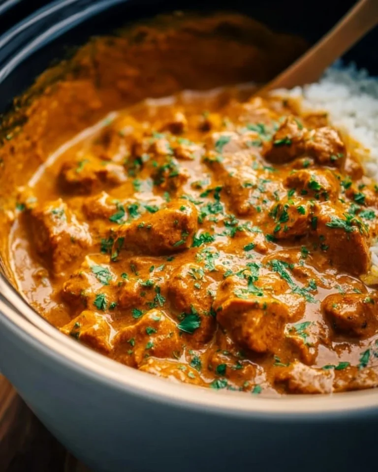 Delicious Crockpot Butter Chicken served with rice and garnished with cilantro