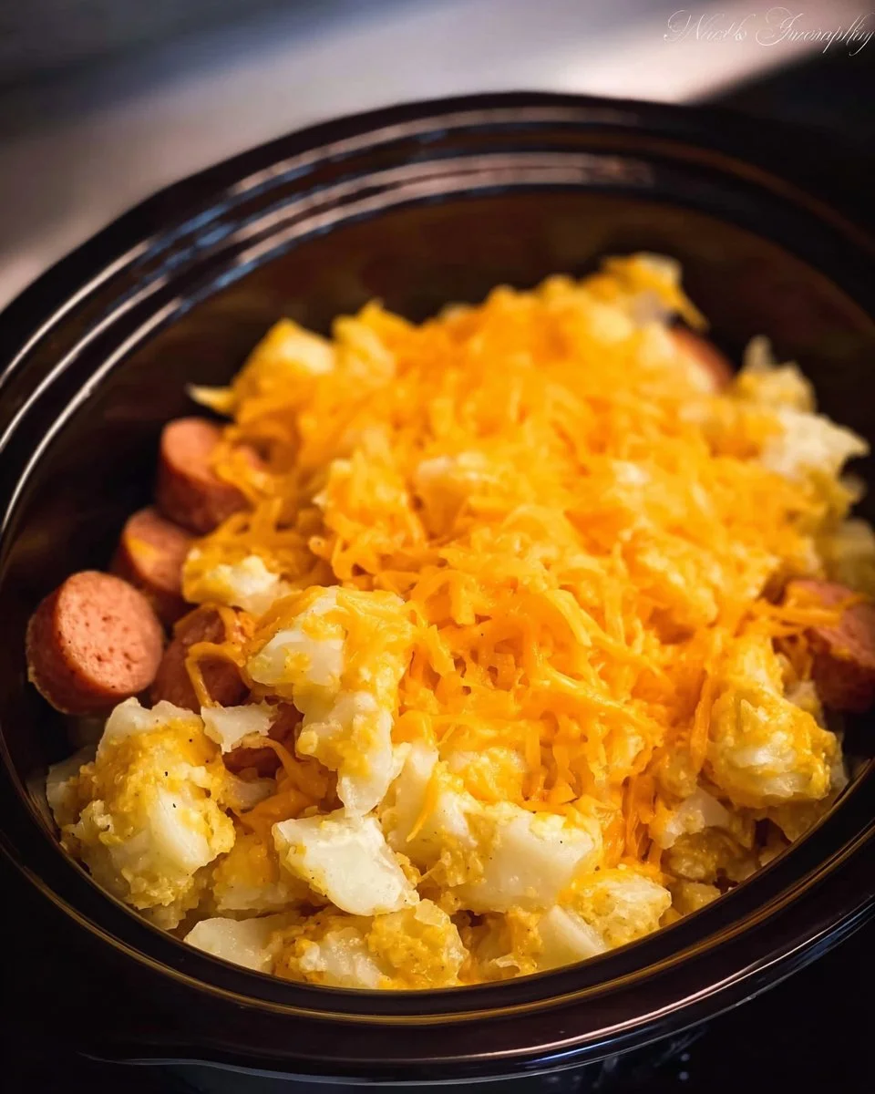 Delicious Crockpot Cheesy Potatoes served in a bowl, topped with green onions.