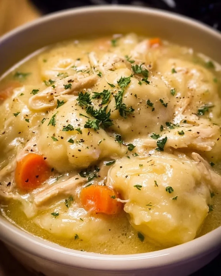 Crockpot Chicken and Dumplings served in a bowl with herbs on top