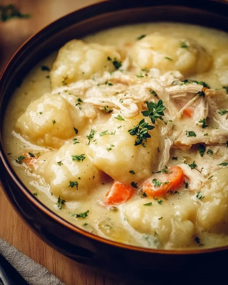 Delicious crockpot chicken and dumplings served in a bowl