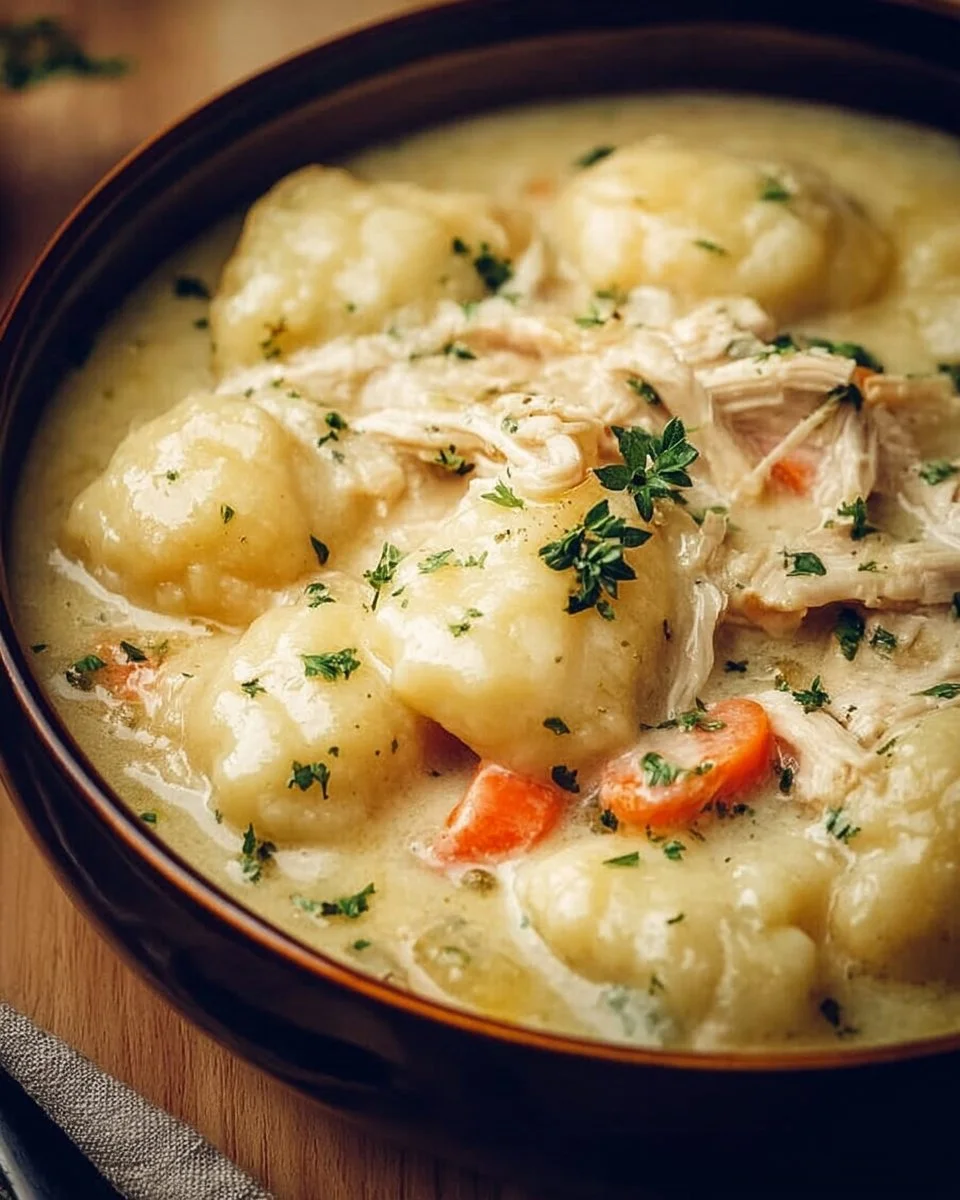 Delicious crockpot chicken and dumplings served in a bowl
