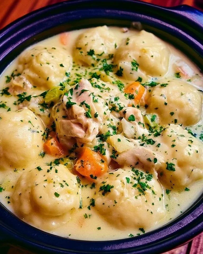 Crockpot Chicken And Dumplings dish with savory broth and fluffy dumplings