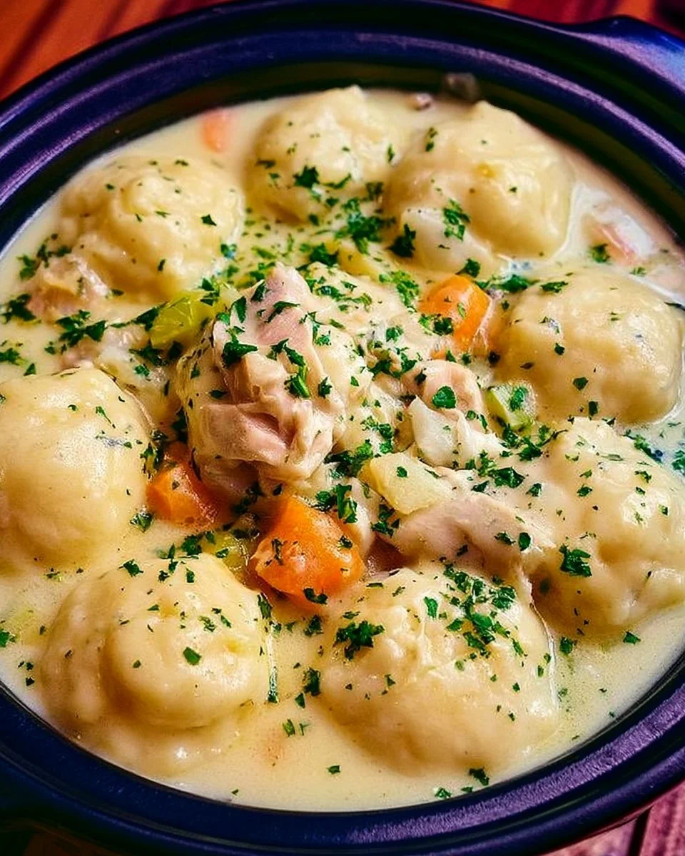 Crockpot Chicken And Dumplings dish with savory broth and fluffy dumplings