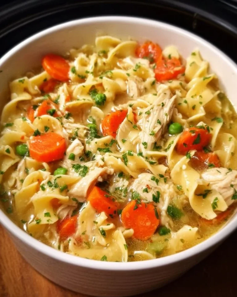Crockpot Chicken and Noodles served in a bowl with vegetables