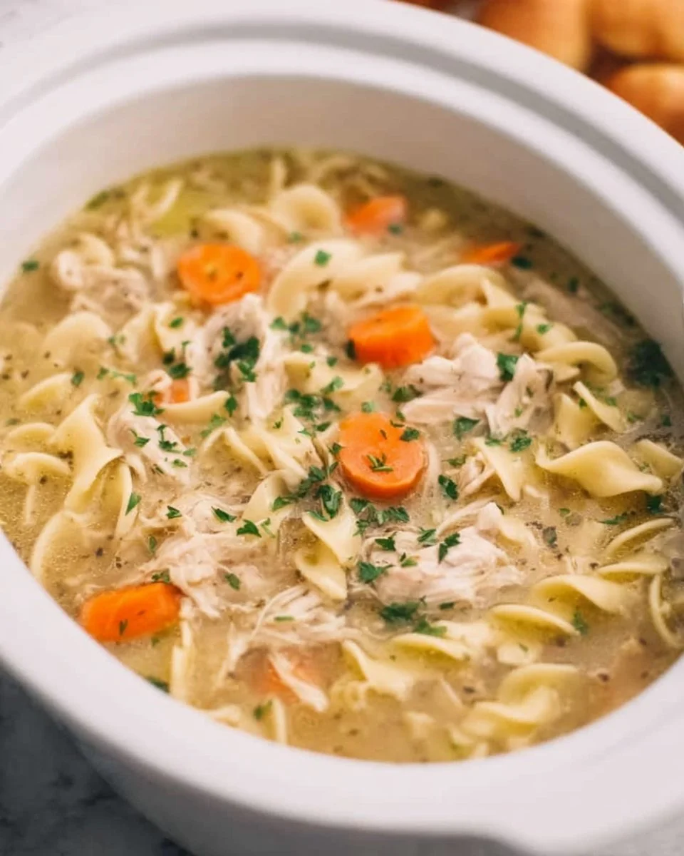 Crockpot Chicken Noodle Soup in a bowl with vegetables and herbs