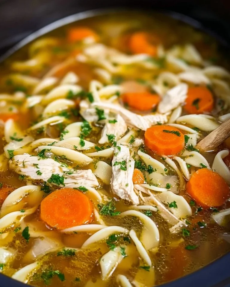 Delicious crockpot chicken noodle soup with fresh vegetables and herbs