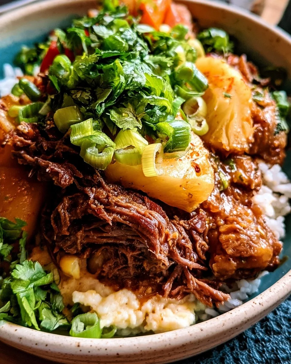 Crockpot Chipotle Pineapple Pot Roast Bowls served in a colorful dish