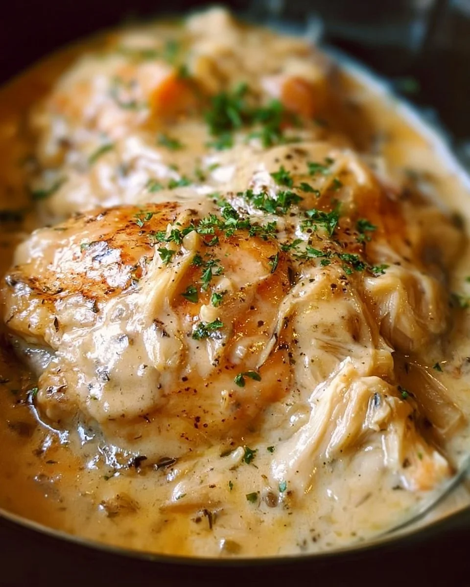 Crockpot creamy gravy chicken recipe with simple 5 ingredients