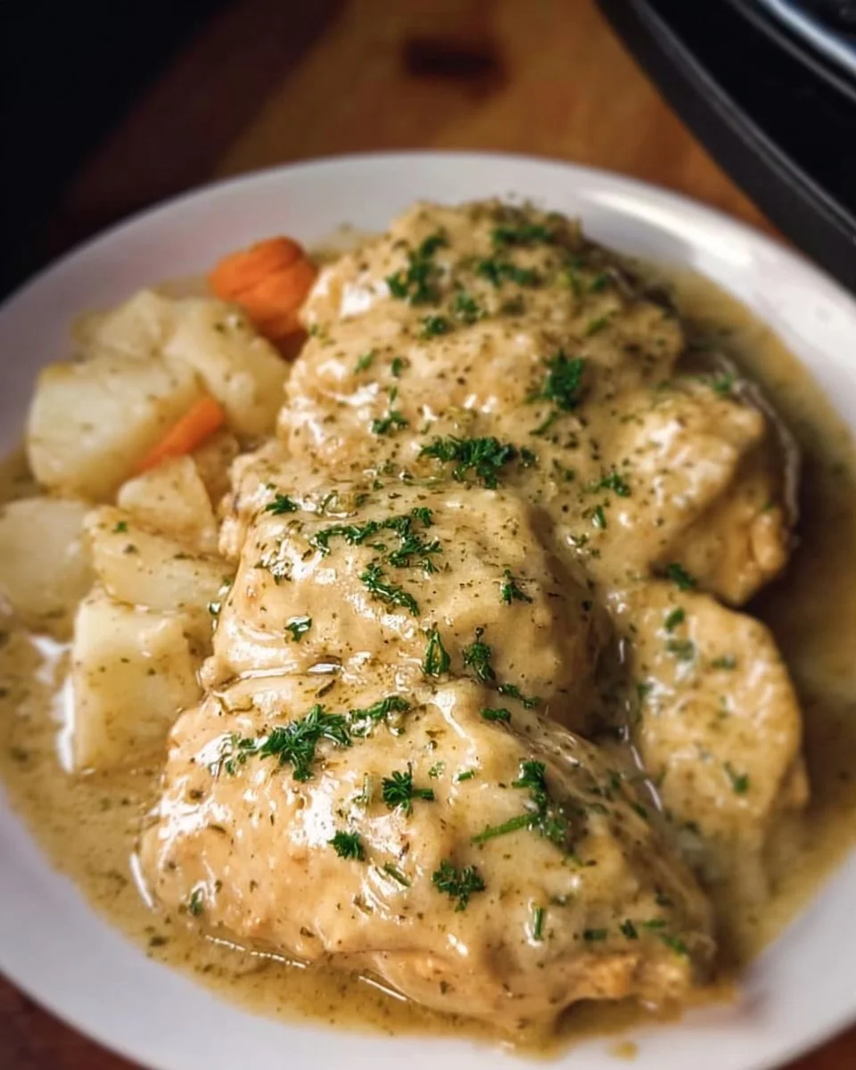 Crockpot Creamy Ranch Chicken served with vegetables for a delicious dinner.