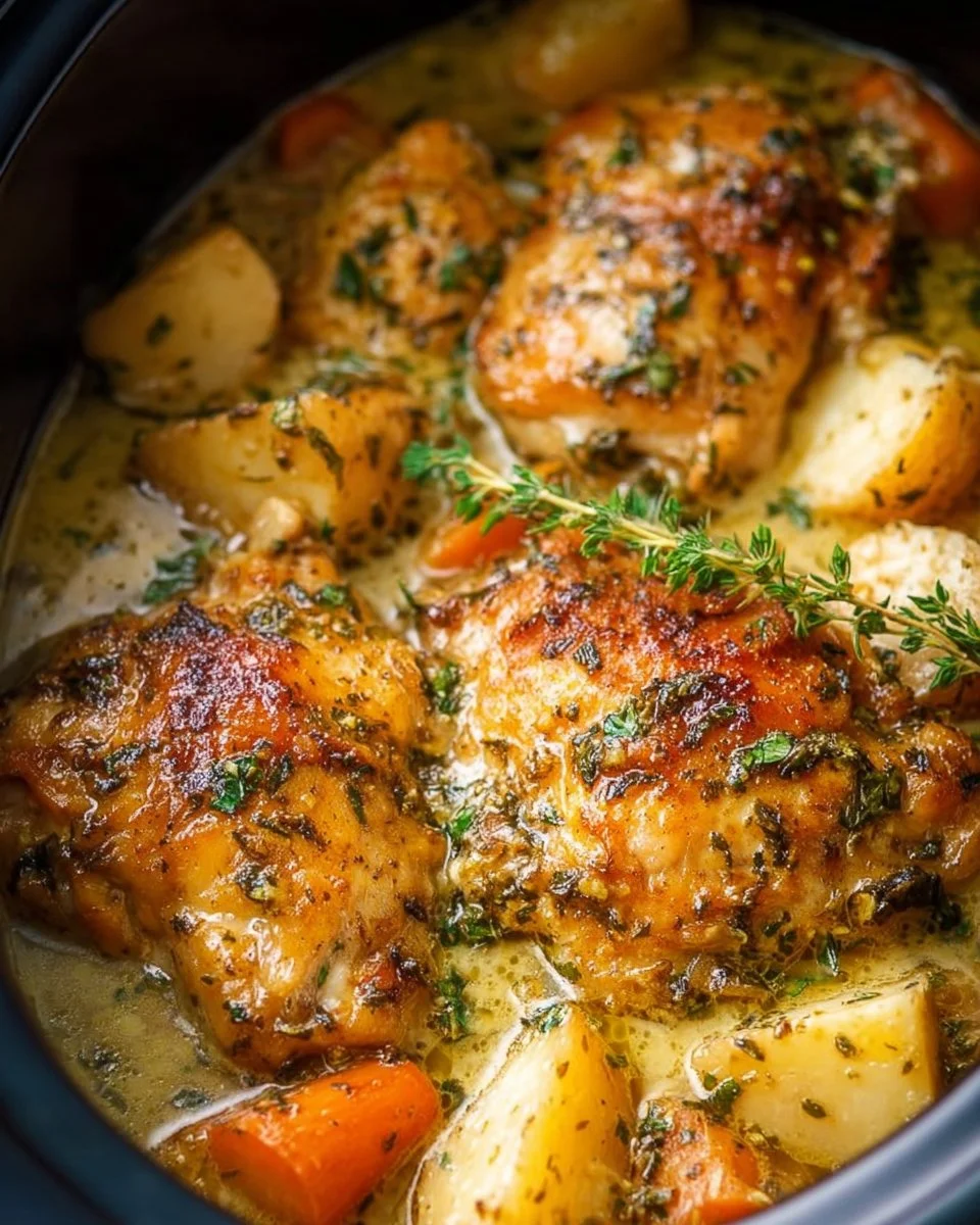Crockpot Garlic Butter Chicken served with fresh herbs and vegetables