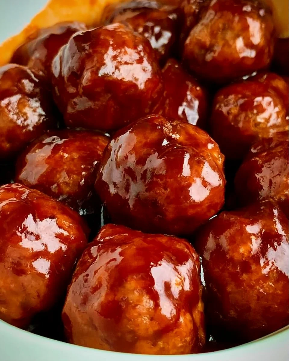 Crockpot meatballs in grape jelly and BBQ sauce served in a bowl.