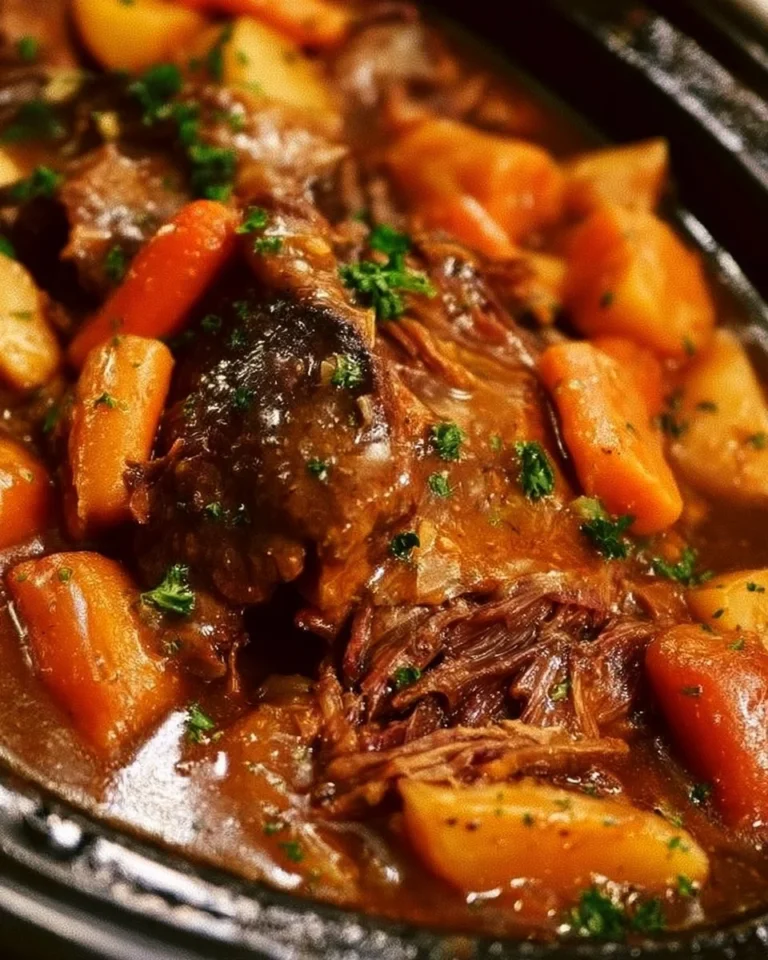 Delicious crockpot pot roast served with vegetables in a hearty broth