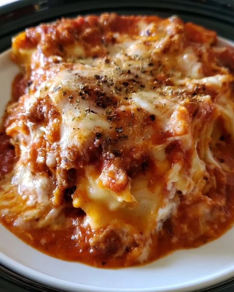 Crockpot Ravioli Lasagna served in a bowl with fresh herbs on top