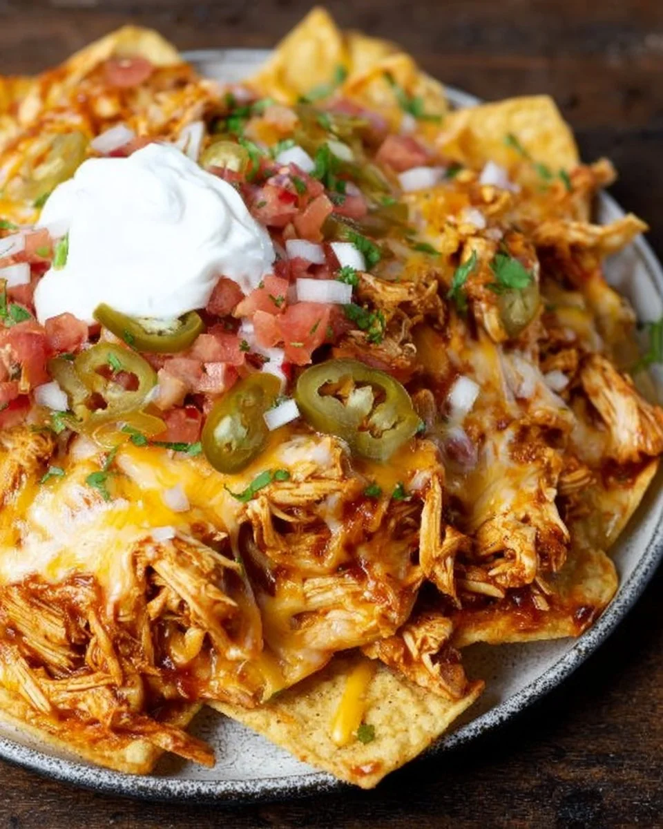 Crockpot Taco Chicken Nachos with cheese and toppings served in a bowl