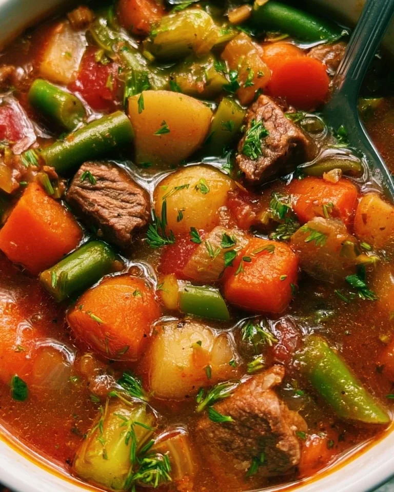 Crockpot vegetable beef soup served in a bowl with fresh herbs