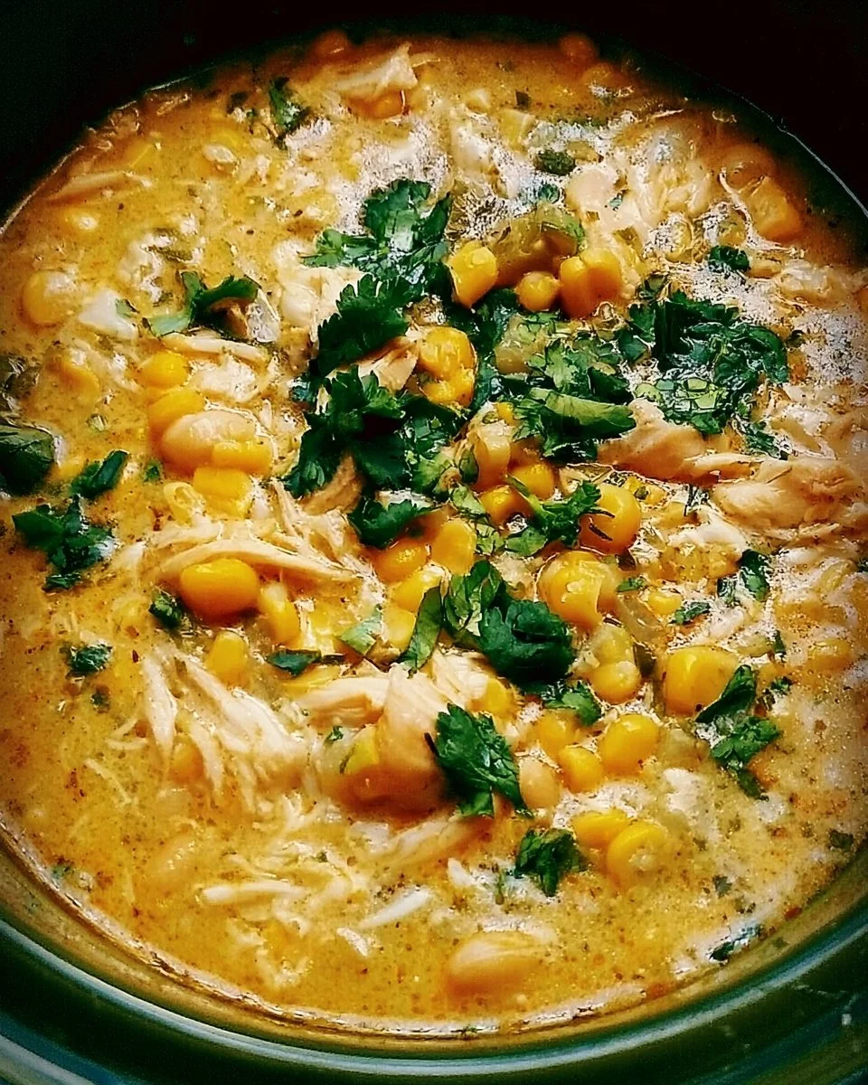 Delicious bowl of Crockpot White Chicken Chili topped with cilantro and lime.