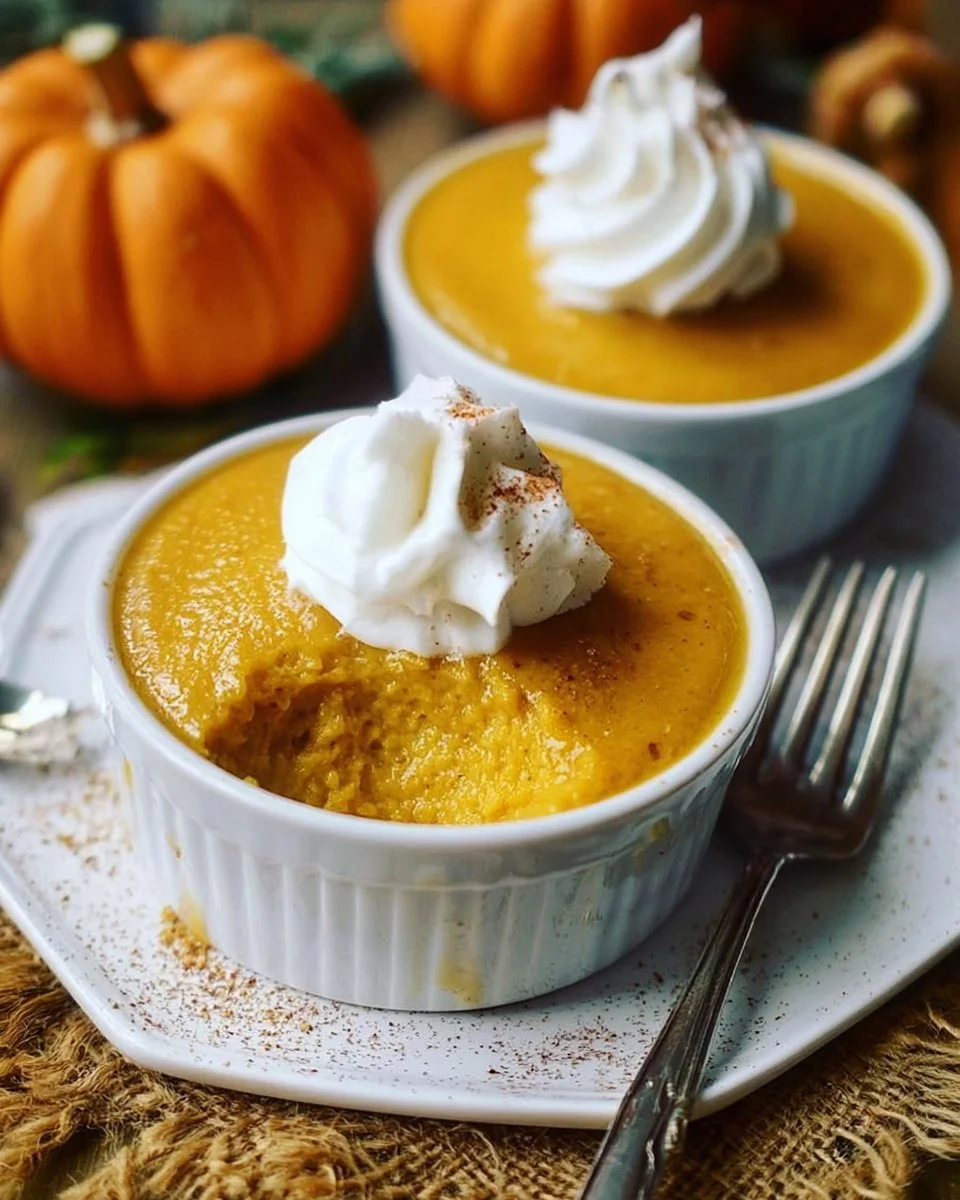 Delicious crustless pumpkin pie pudding in a cozy winter setting