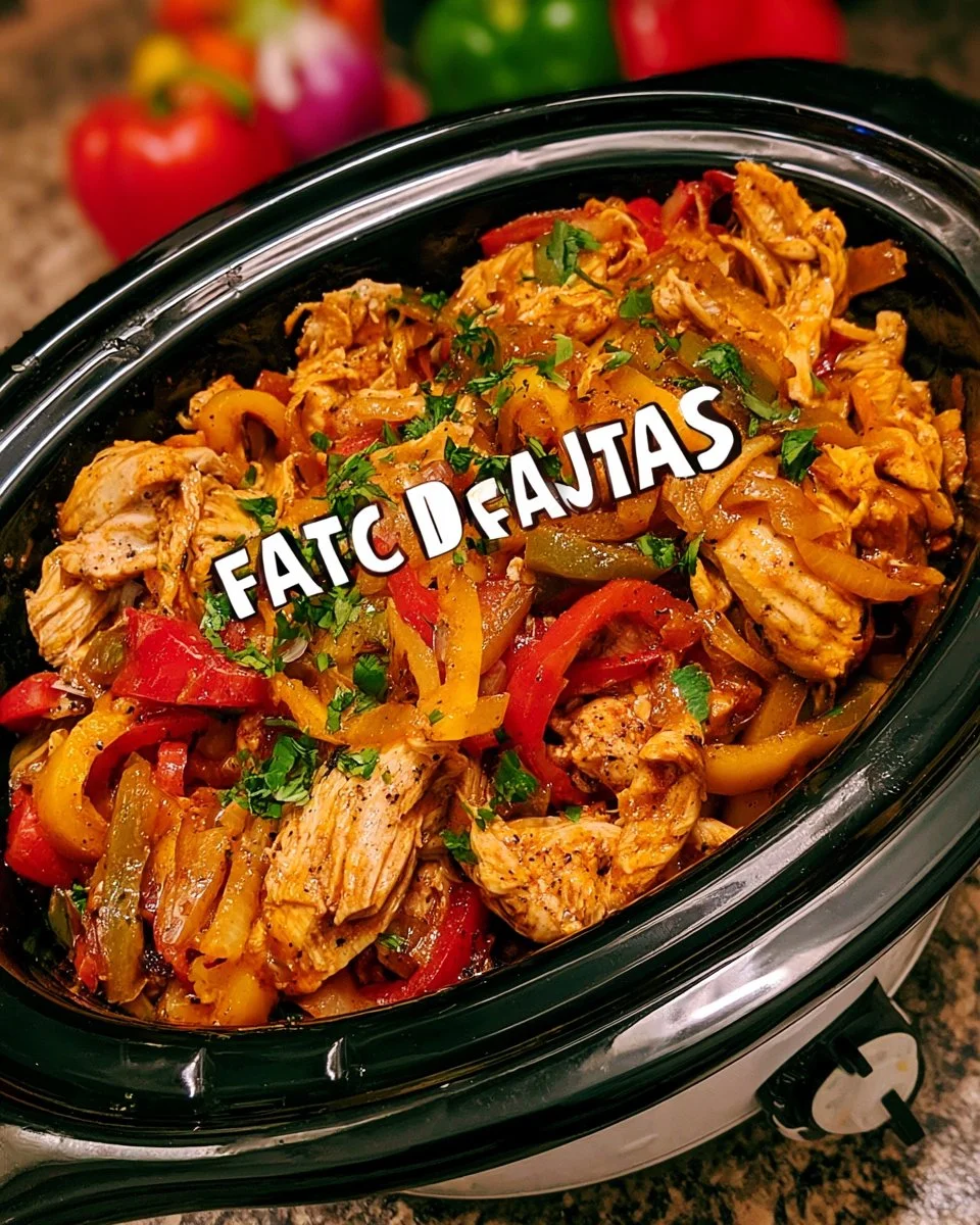 Delicious crockpot chicken fajitas with peppers and spices in a slow cooker