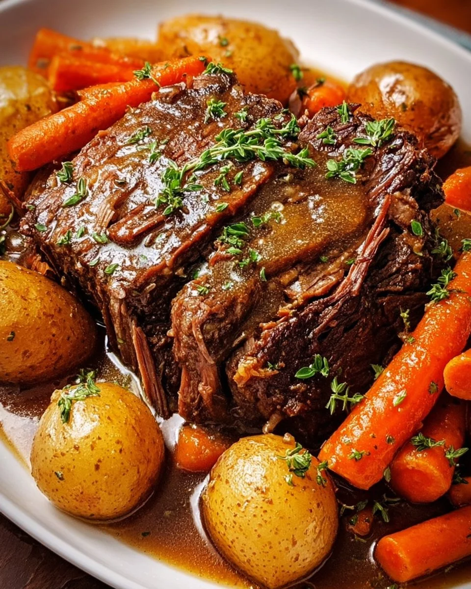 Delicious Crock Pot Pot Roast with savory gravy served on a plate