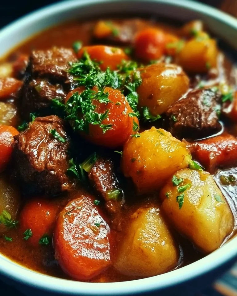 Delicious easy Crockpot beef stew in a bowl with vegetables and herbs