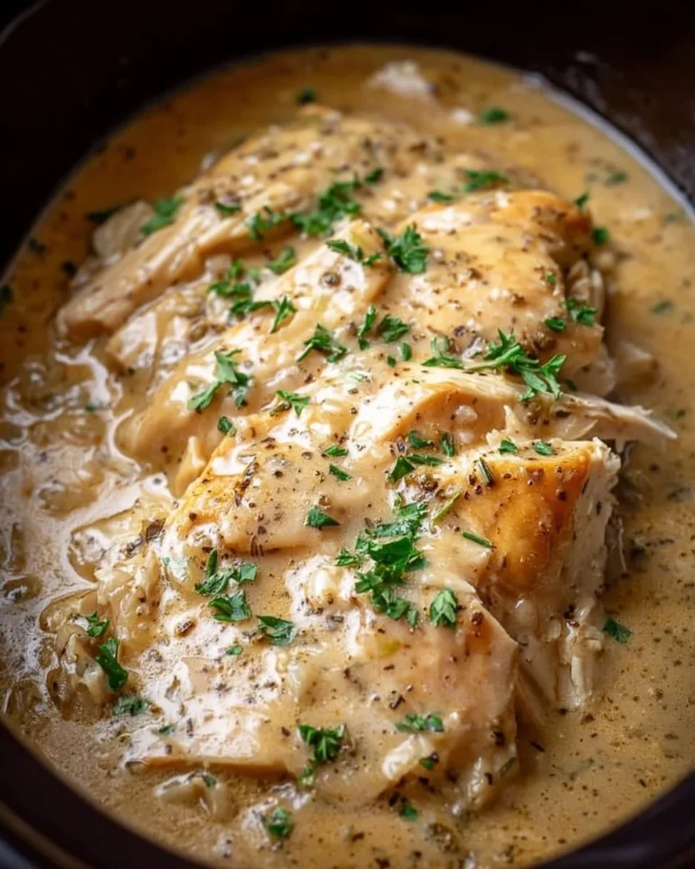Delicious Easy Crockpot Chicken served with Creamy Gravy