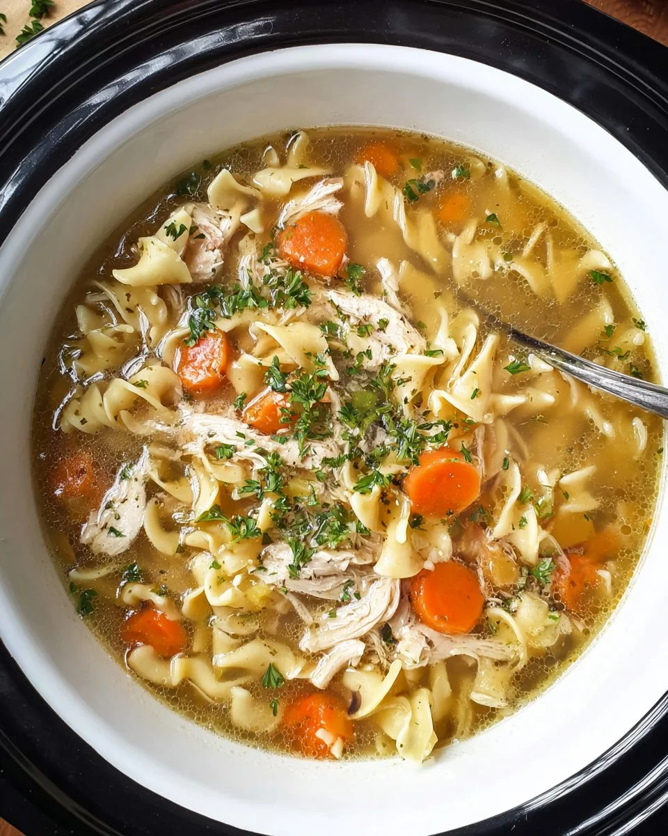 Bowl of easy homemade crockpot chicken noodle soup with fresh vegetables and noodles
