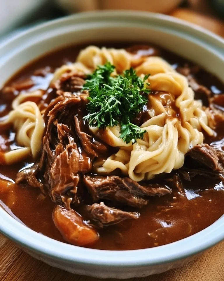 Slow cooker beef and noodles ready to serve: hearty and delicious meal.