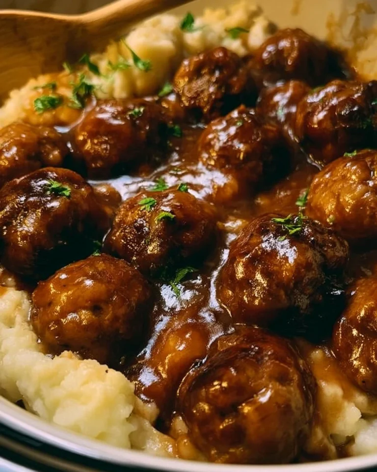 Delicious Slow Cooker Salisbury Steak Meatballs served with creamy gravy
