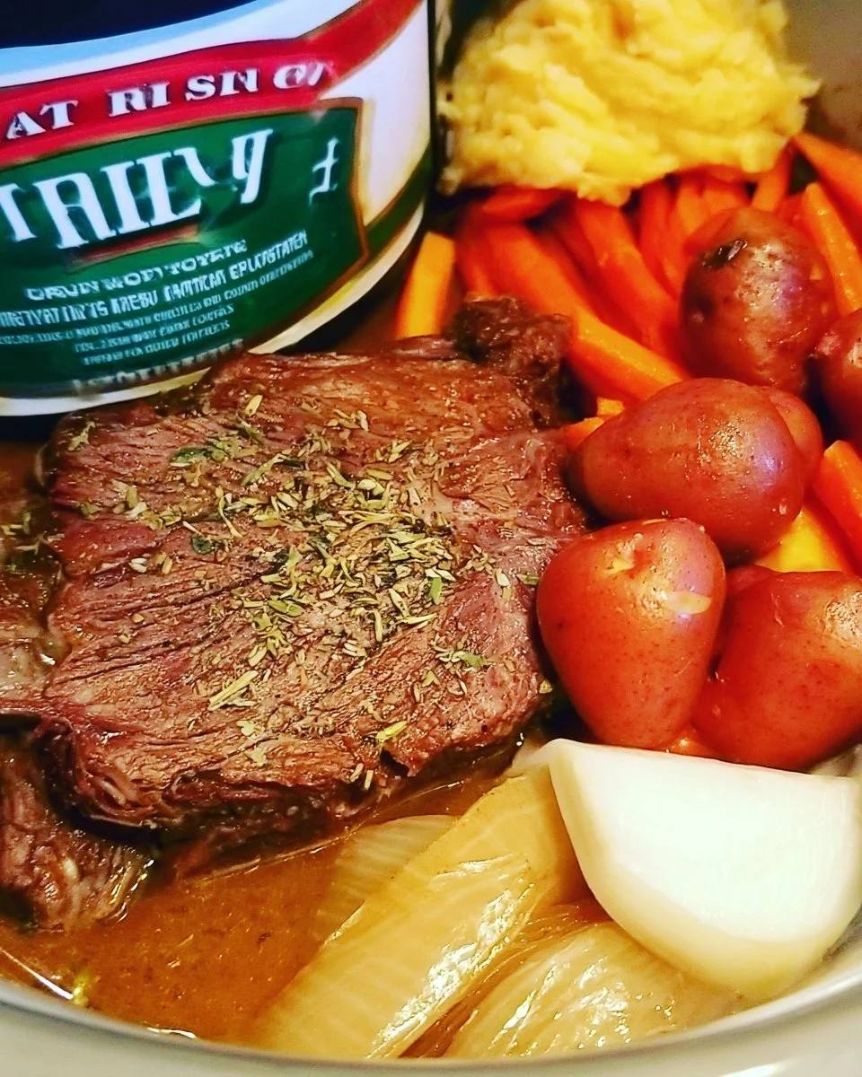 Delicious slow cooker pot roast served with vegetables and gravy.