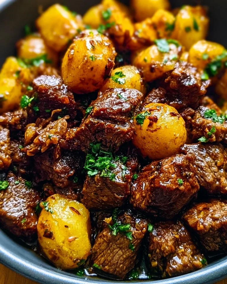 Garlic Butter Beef Bites served with golden potatoes on a plate