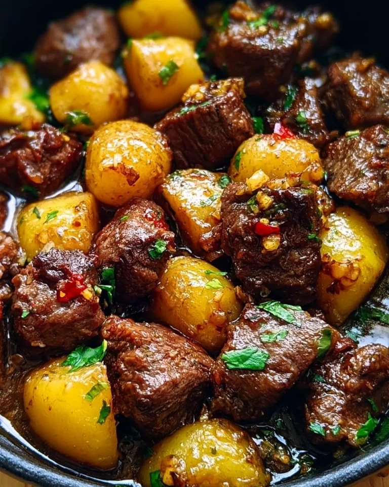 Garlic Butter Beef Bites with Potatoes on a plate garnished with herbs