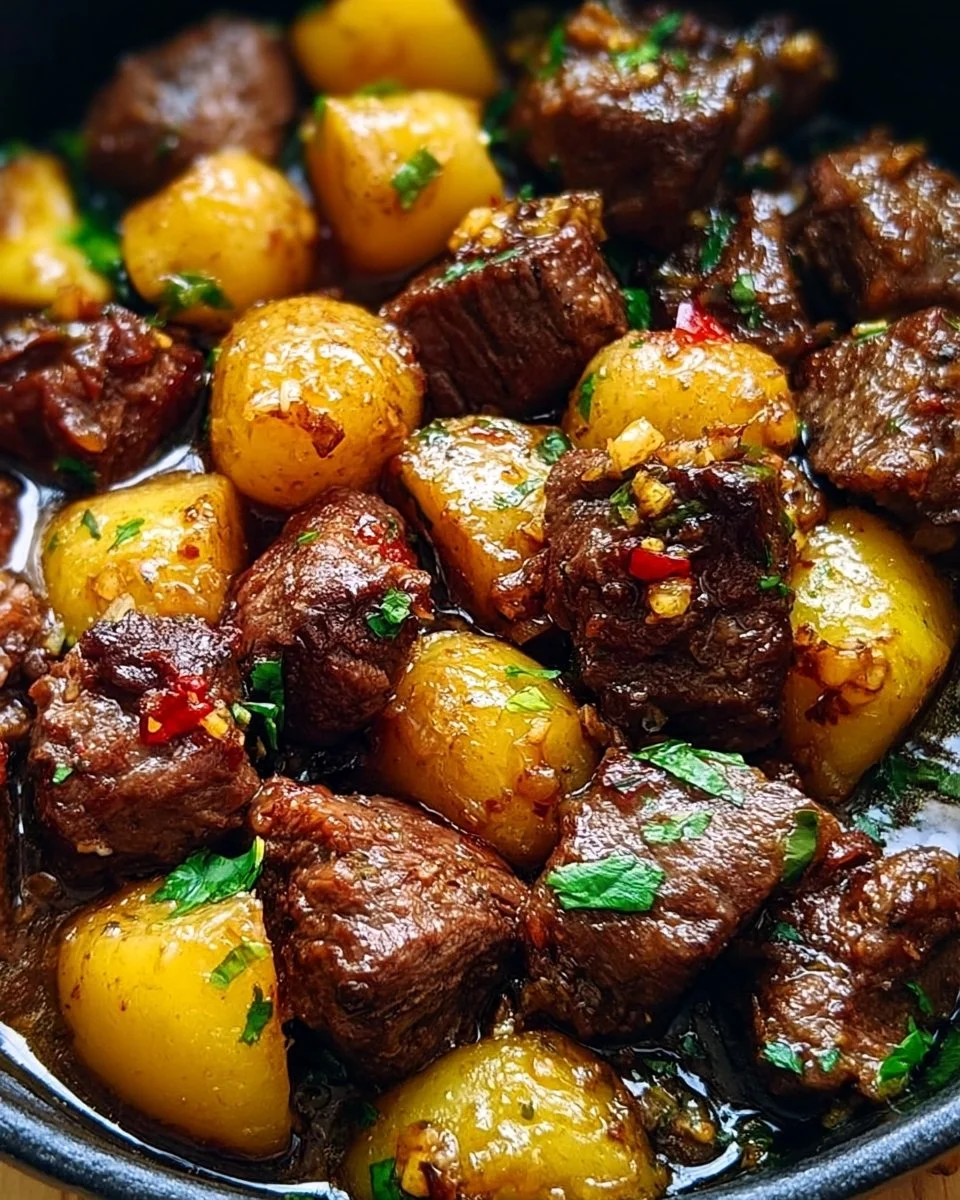 Garlic Butter Beef Bites with Potatoes on a plate garnished with herbs