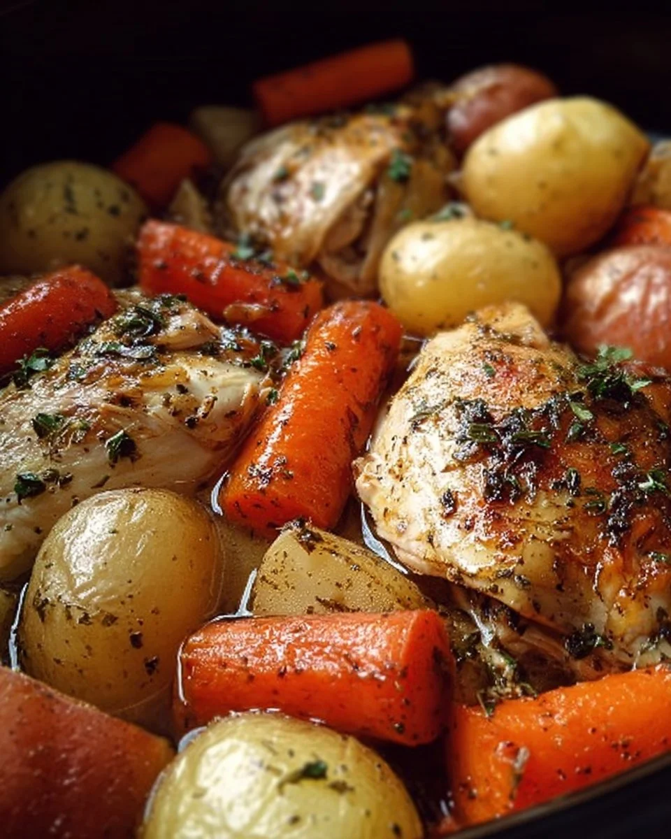 Garlic Butter Crockpot Chicken with potatoes and carrots in a slow cooker