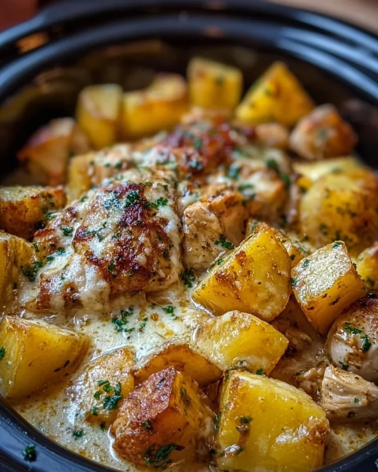 Crockpot Garlic Parmesan Chicken and Potatoes dish ready to serve