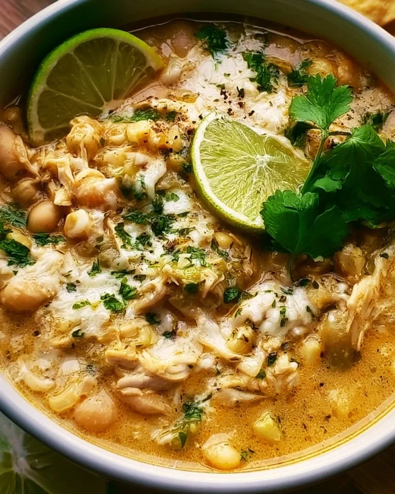 Bowl of healthy white chicken chili topped with fresh herbs and spices