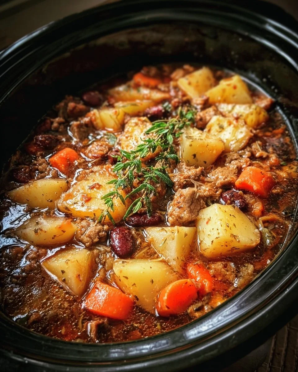 Delicious hearty slow cooker meal filled with fresh vegetables and tender meat
