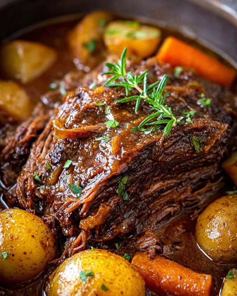 Hearty slow cooker pot roast with rich gravy served on a plate