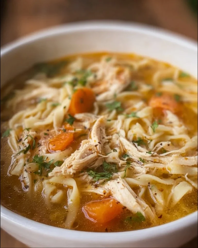 Bowl of high protein chicken noodle soup with vegetables and herbs