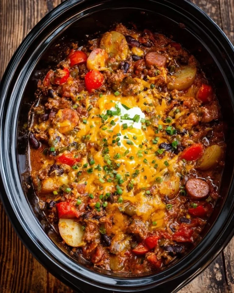 High Protein Crock Pot Cowboy Casserole ready to serve in a bowl.