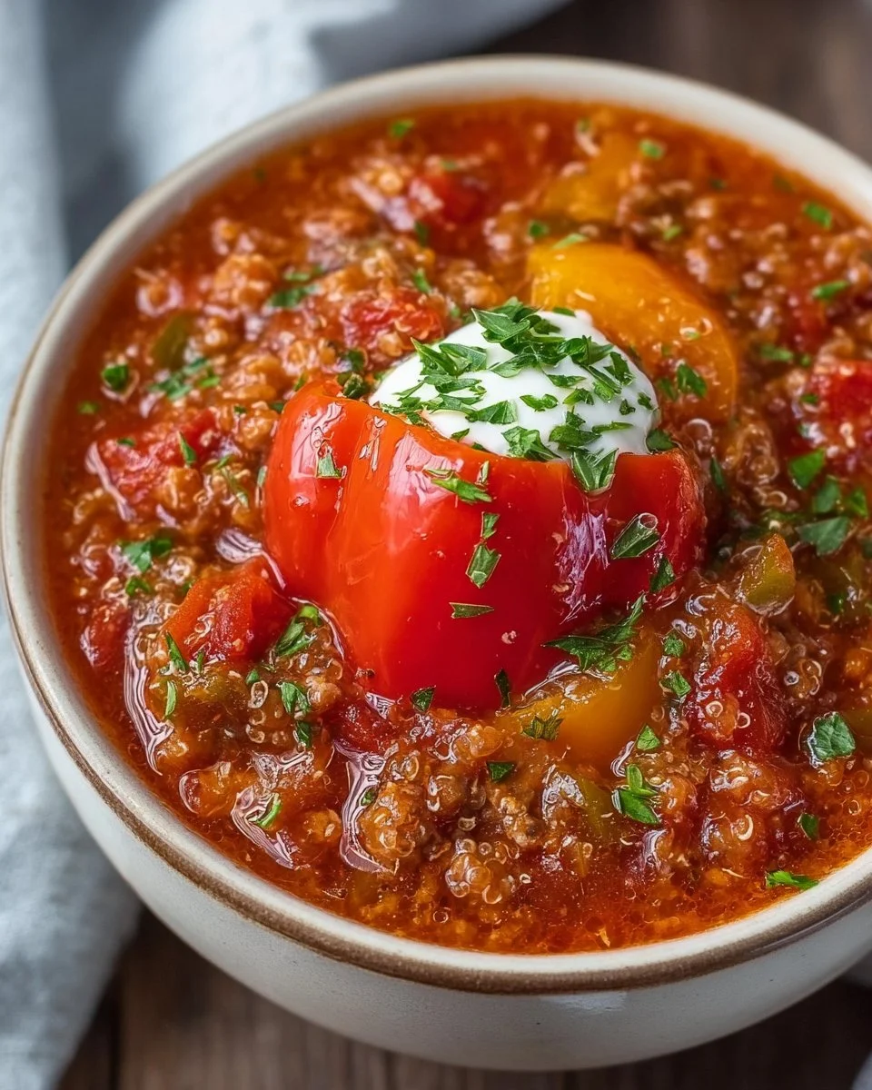 High Protein Stuffed Pepper Soup in a bowl garnished with fresh herbs