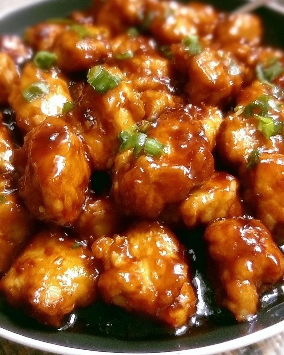 Slow cooker honey chicken served on a plate with vegetables.