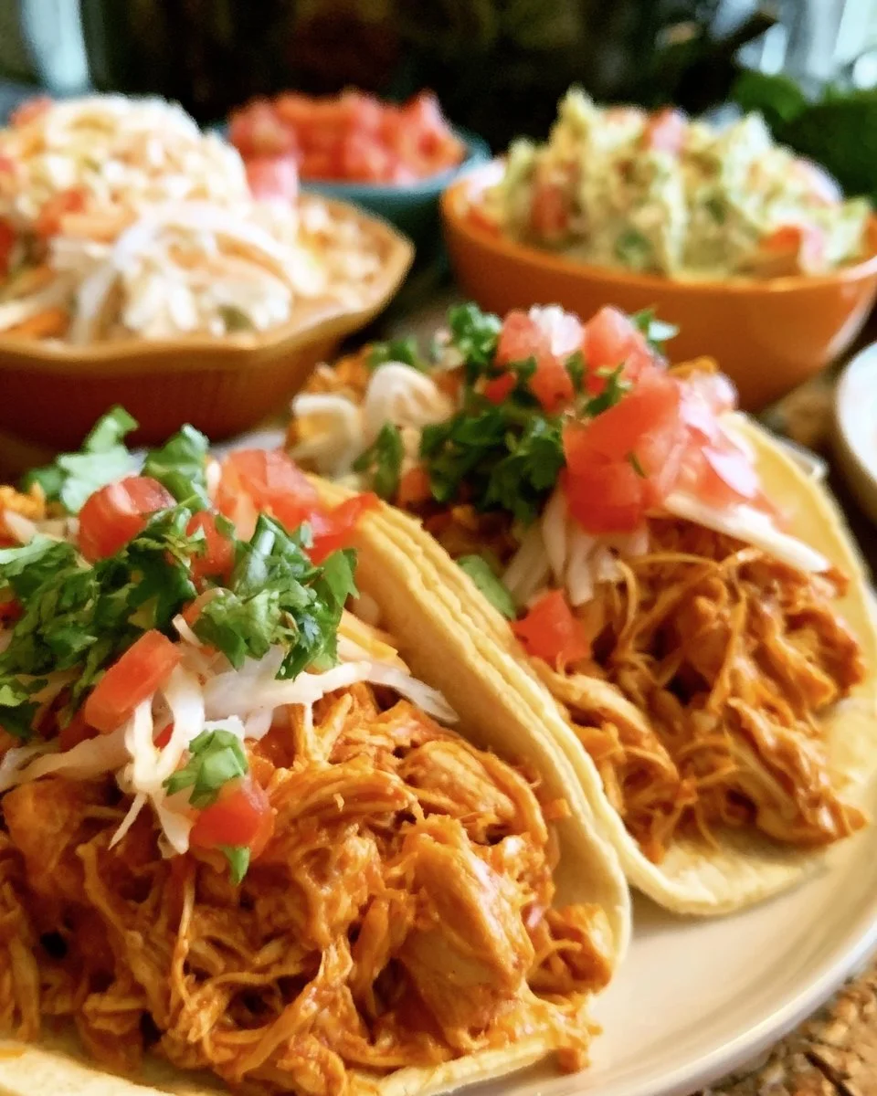 Delicious easy crock pot chicken tacos served with toppings