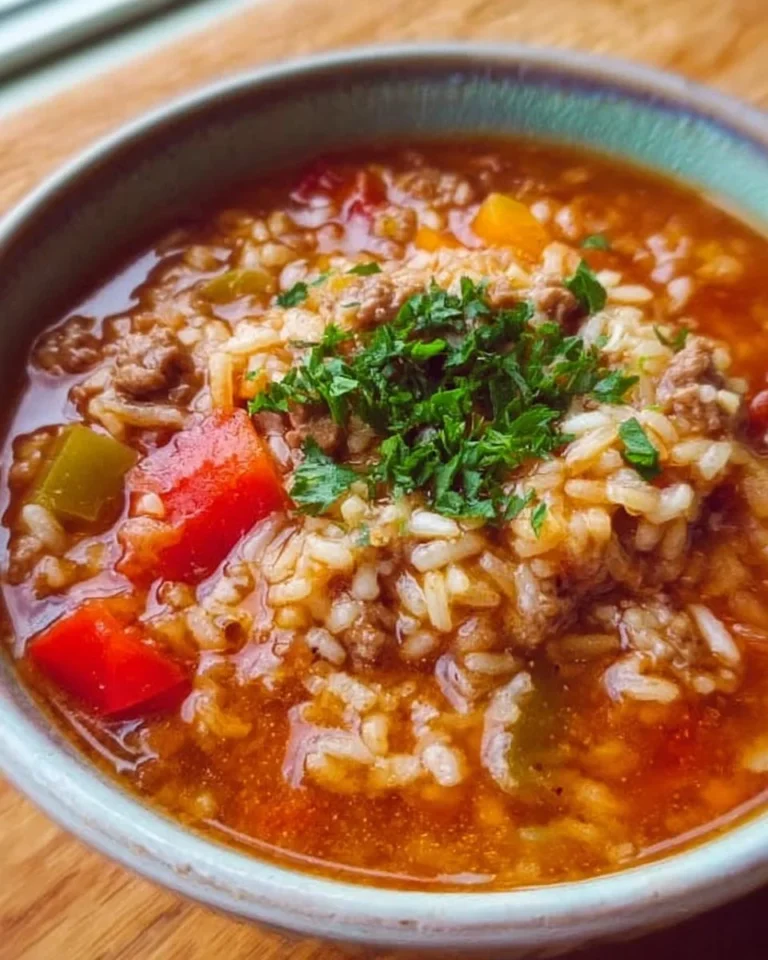 Bowl of Instant Pot stuffed pepper soup with vibrant bell peppers and herbs