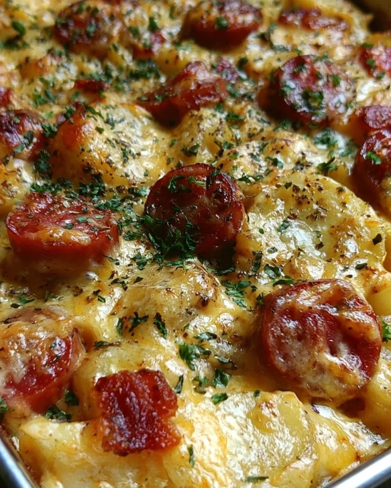 Cheesy potato Kielbasa sausage casserole served in a rustic dish.
