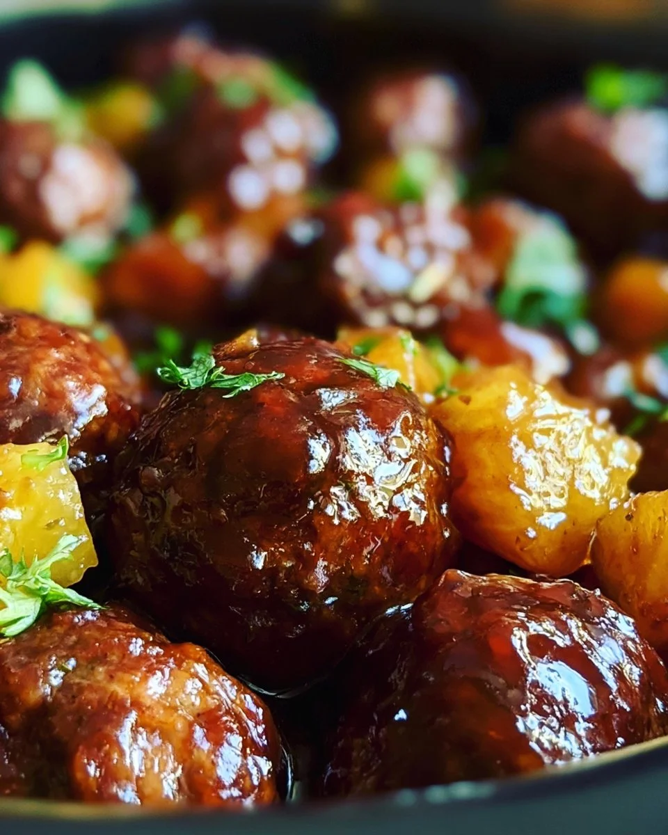 Pineapple barbecue meatballs served on a platter with sauce